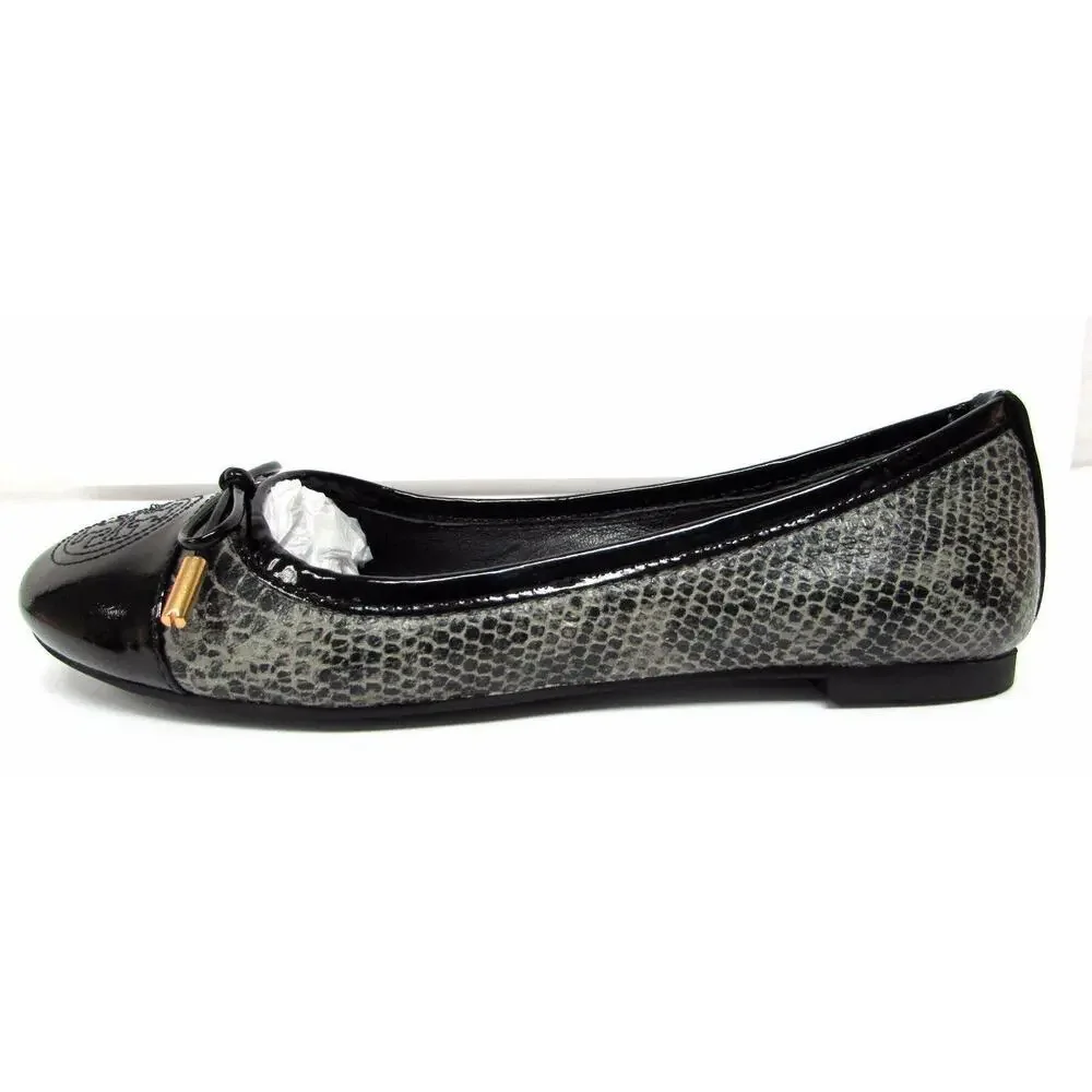 Tory Burch Black Patent and Gray Snake-Print Ballet Flat